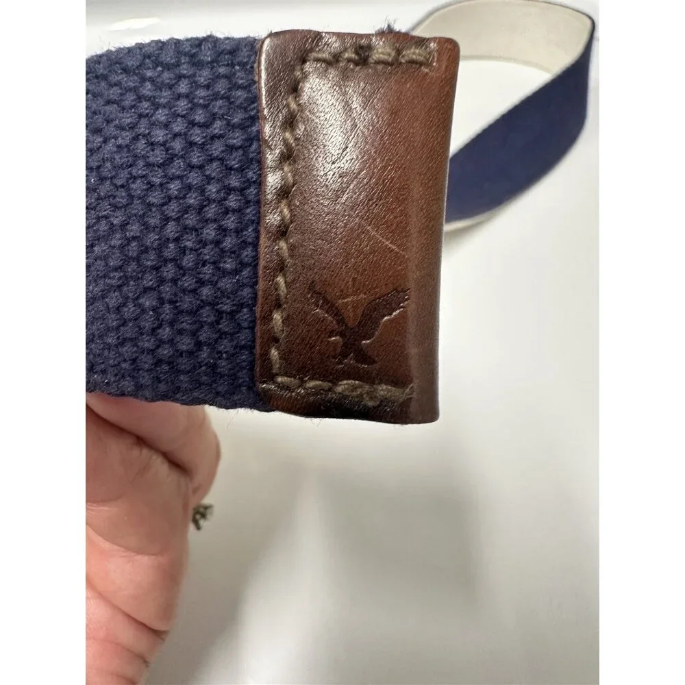American Eagle Web Canvas Mens Belt Reversible Metal Buckle Blue White Logo